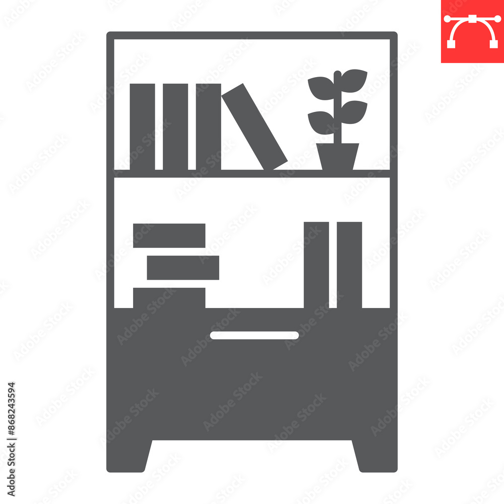 Bookcase glyph icon, interior and home decor, bookshelf vector icon, vector graphics, editable stroke solid sign, eps 10. Bookcase glyph icon, interior and home decor, bookshelf vector icon, vector graphics, editable stroke solid sign, eps 10.