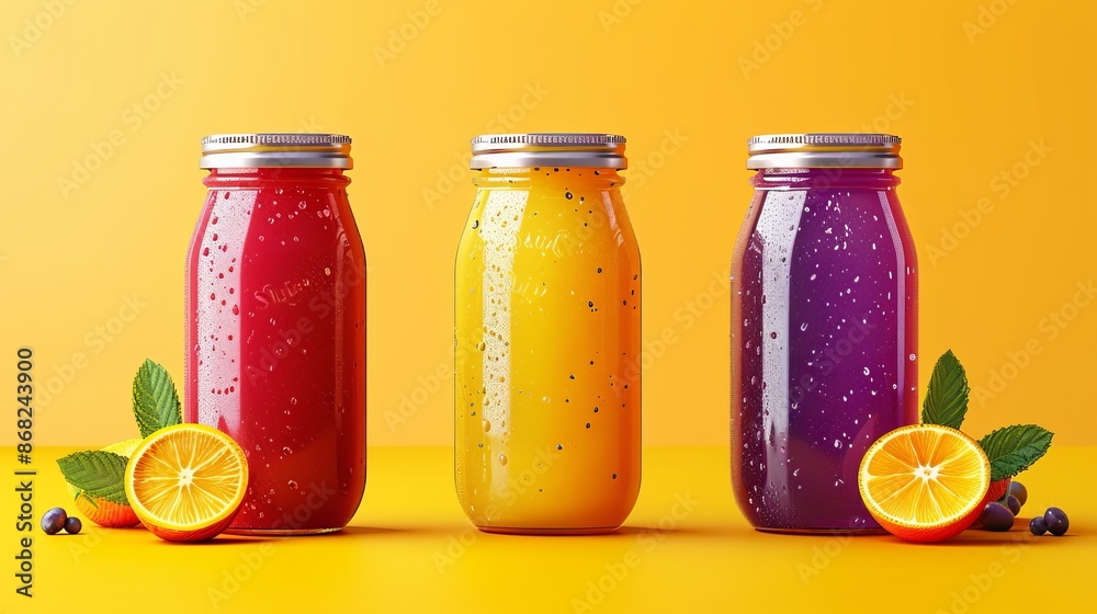 Three Fruit Smoothies on Yellow Background Three Fruit Smoothies on Yellow Background