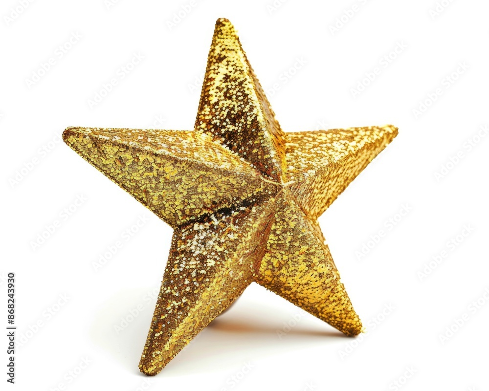 Christmas Object. Shiny Metallic Gold Star Christmas Decoration on White Background Christmas Object. Shiny Metallic Gold Star Christmas Decoration on White Background