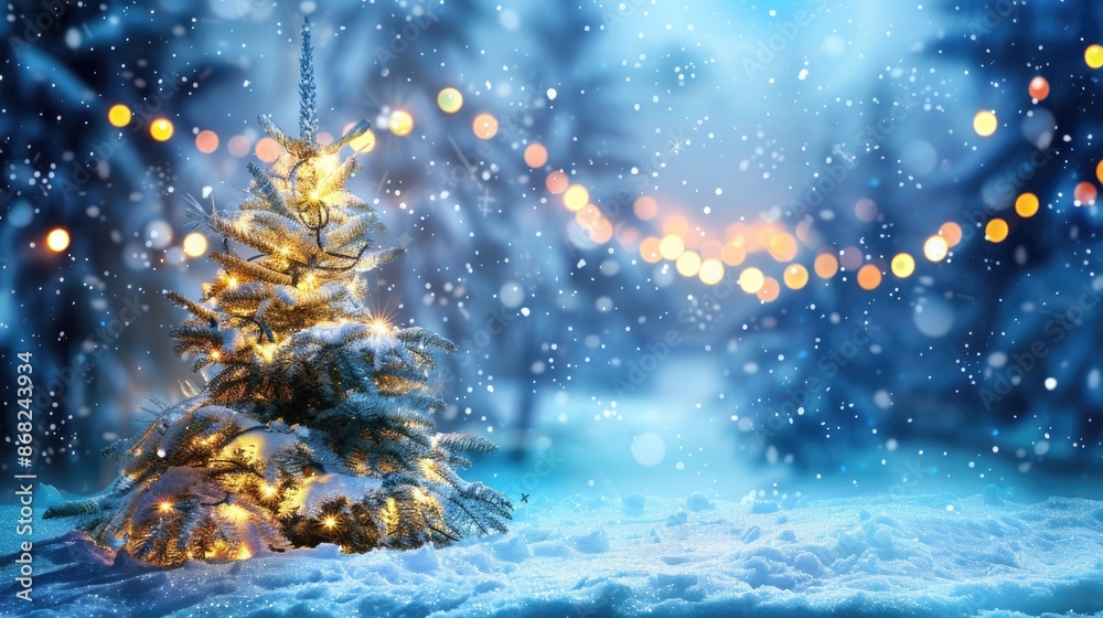 Christmas Night. Winter Wonderland with Snow-Covered Trees and Magical Lights Christmas Night. Winter Wonderland with Snow-Covered Trees and Magical Lights