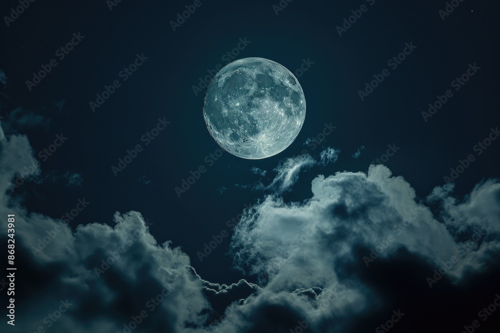 Fototapeta premium Cloud Night. Big Moon and Starry Sky with Clouds on Dark Blue Background
