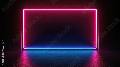 Frame Technology. Neon Laser Lights in Parallelogram Rectangle Picture Frame on Black Background