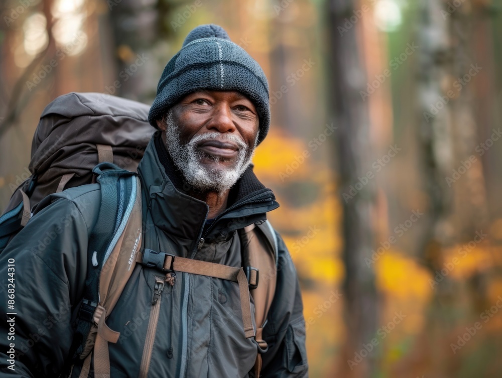 Man In Woods. Senior Black Man Hiking in Nature for Outdoor Discovery and Fitness Walking Man In Woods. Senior Black Man Hiking in Nature for Outdoor Discovery and Fitness Walking