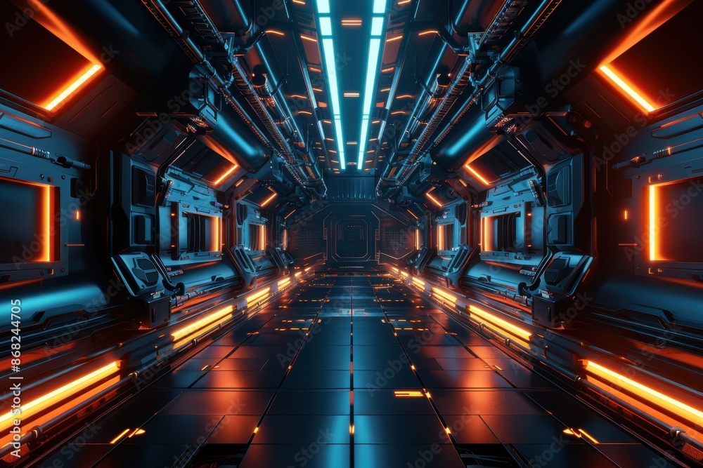 Futuristic Sci-Fi spaceship corridor with neon lights, perfect for technology, gaming, or cyberpunk projects. Futuristic Sci-Fi spaceship corridor with neon lights, perfect for technology, gaming, or cyberpunk projects.