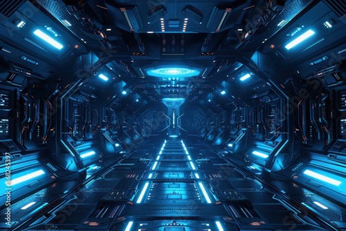 Futuristic Sci-Fi spaceship corridor with glowing blue lights and reflections. Concept of space travel, technology, and the future.