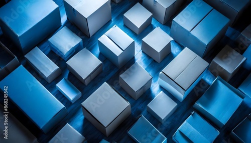  The image shows a grid of identical blue boxes, each containing a white box. The boxes are arranged in a symmetrical pattern across the frame.