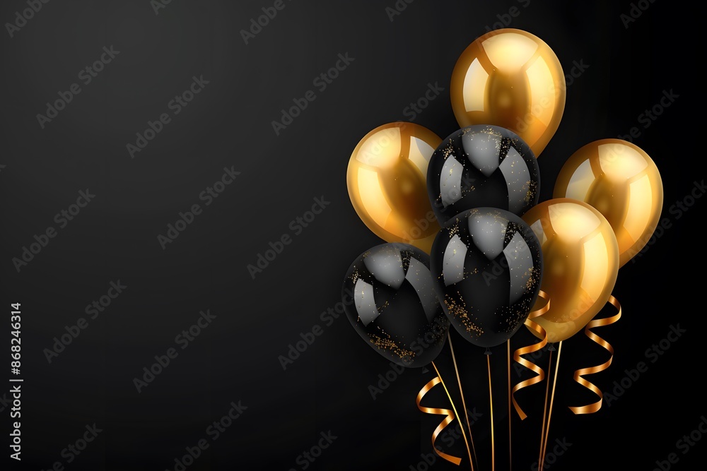 Black and gold balloons with confetti on dark background
Black and gold balloons with confetti on dark background