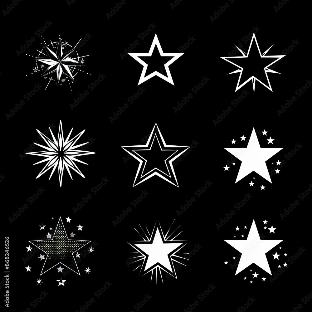 Set of minimalist silhouette star icons, featuring twinkle star shapes and modern geometric elements. These shining star symbols are abstract sparkle black silhouettes in a vector set. Set of minimalist silhouette star icons, featuring twinkle star shapes and modern geometric elements. These shining star symbols are abstract sparkle black silhouettes in a vector set.