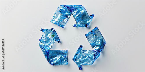 A recycling symbol made out of used plastic on a white background