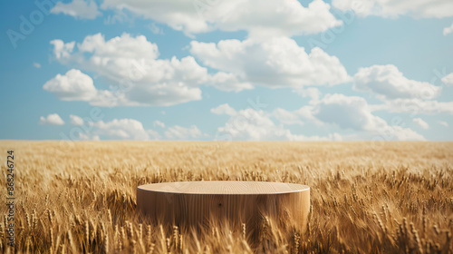 empty wooden podium in wheat field against clouds blue sky for product placement.