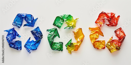 A recycling symbol made out of used plastic on a white background