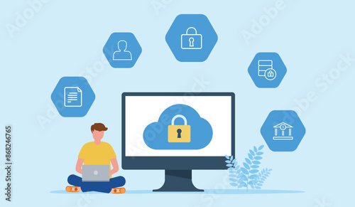 flat vector illustration design business  data protection and internet cyber security concept . people sitting  working with a computer monitor. 

