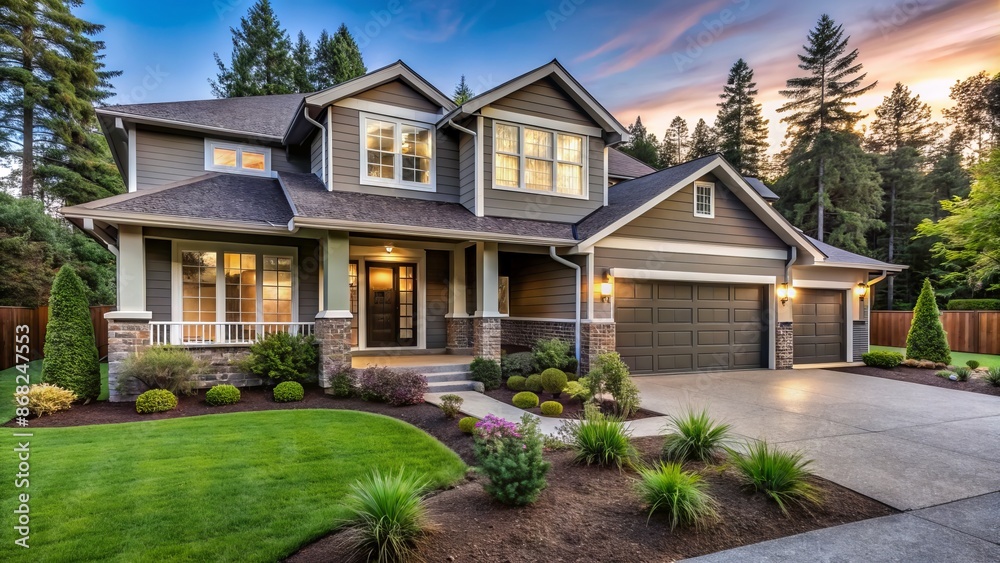 Beautifully landscaped backyard and porch of a luxurious modern suburban home with a two-car garage and welcoming exterior details. Beautifully landscaped backyard and porch of a luxurious modern suburban home with a two-car garage and welcoming exterior details.