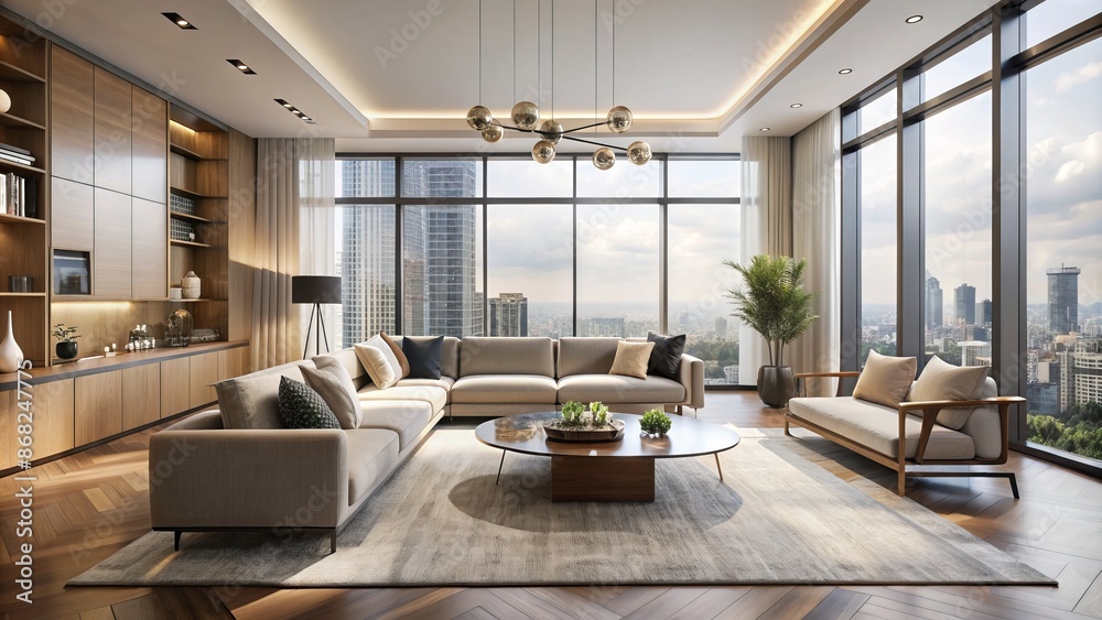 Fototapeta premium Minimalist luxury living space with sleek furniture, floor-to-ceiling windows, and neutral color palette, conveying contemporary urban sophistication atmosphere.