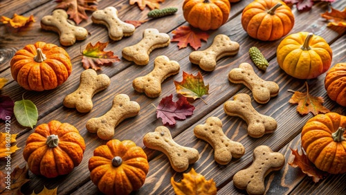 Adorable autumnal assortment of pumpkin-flavored dog treats in bone and paw print shapes scattered on a rustic wooden table surface. photo