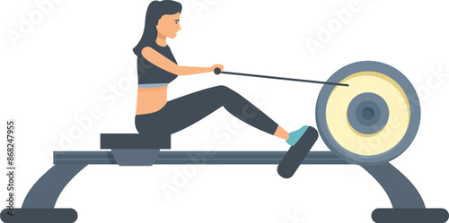 Woman is working out on a rowing machine, pulling the handle and exercising her muscles