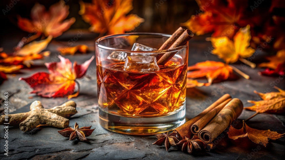 Richly-colored whiskey poured over crystal-clear ice cubes, garnished with a single cinnamon stick, against a dark, moody autumnal backdrop. Richly-colored whiskey poured over crystal-clear ice cubes, garnished with a single cinnamon stick, against a dark, moody autumnal backdrop.