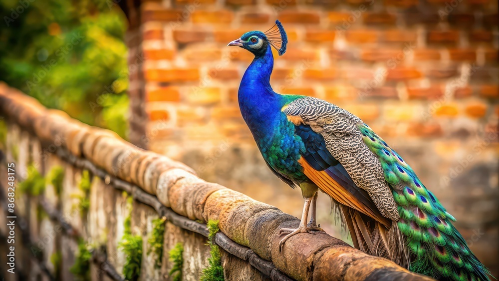Fototapeta premium Peacock perched elegantly on a rustic wall, peacock, bird, colorful, wall, feathers, elegant, vibrant, wildlife, animal