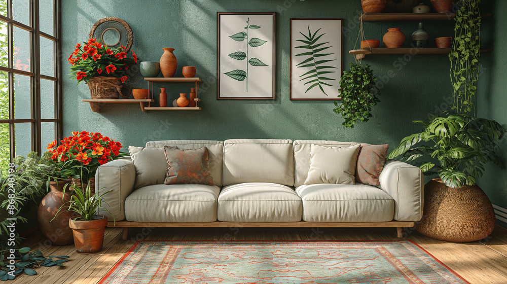 A cozy living room .soft green walls . sunlight streaming through the window. beige sofa with decorative cushions. vibrant orange flowers in pots. wooden shelves with assorted decor items. framed bota A cozy living room .soft green walls . sunlight streaming through the window. beige sofa with decorative cushions. vibrant orange flowers in pots. wooden shelves with assorted decor items. framed bota
