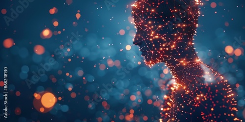 Representation of fibromyalgia: A person experiencing widespread pain and fatigue, depicted as glowing points, raising awareness about chronic pain, fibromyalgia symptoms, and invisible illnesses