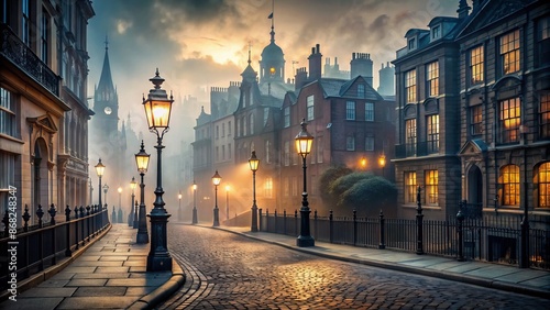 Atmospheric London streetscape under eerie gaslamp fog, ornate Victorian-era buildings loom large, cobblestone road stretches into the misty distance.