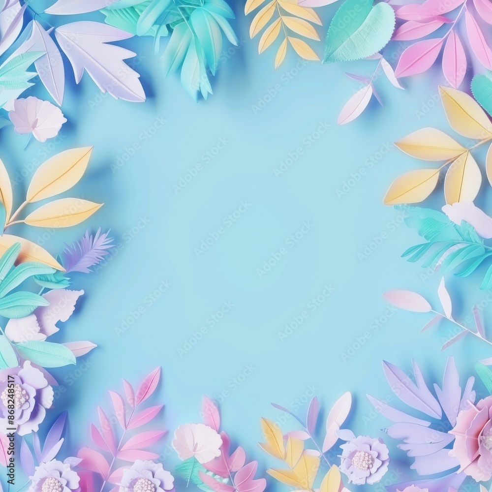 Pastel paper flowers and leaves frame on blue background. Floral backdrop with copy space for spring, summer, sale, Mother's Day, or wedding Pastel paper flowers and leaves frame on blue background. Floral backdrop with copy space for spring, summer, sale, Mother's Day, or wedding