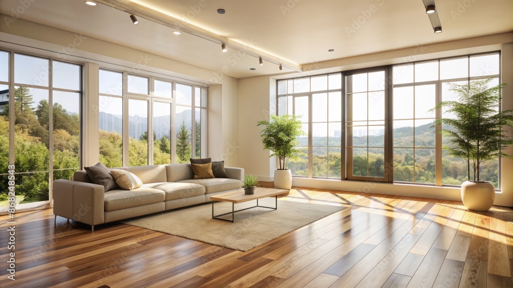 Modern minimalist empty living room interior with cream walls, wooden floor, and large windows letting in natural light. Modern minimalist empty living room interior with cream walls, wooden floor, and large windows letting in natural light.