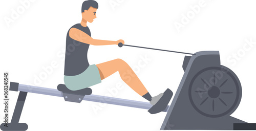 Sportsman is working out on a rowing machine, pulling the handle and engaging his muscles