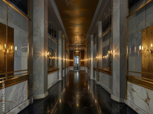 Wallpaper Mural Golden Corridor: A solitary figure walks through an opulent hallway adorned with illuminated metallic panels. The polished floor reflects the intricate ceiling lights Torontodigital.ca