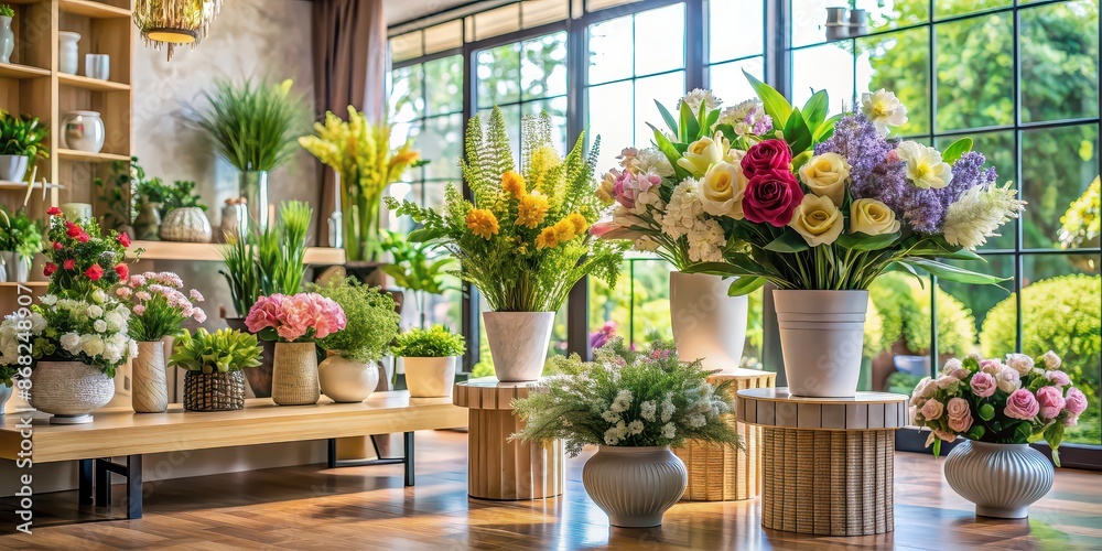 Artificial plants and flowers displayed in beautiful home interior for stylish decoration Artificial plants and flowers displayed in beautiful home interior for stylish decoration