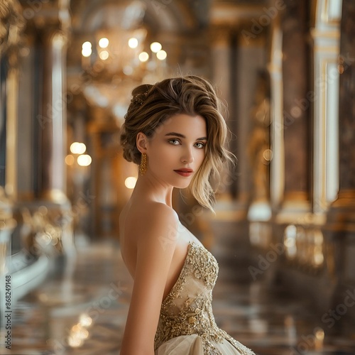 Elegant Woman in Luxurious Gown in Opulent Palace Interior.