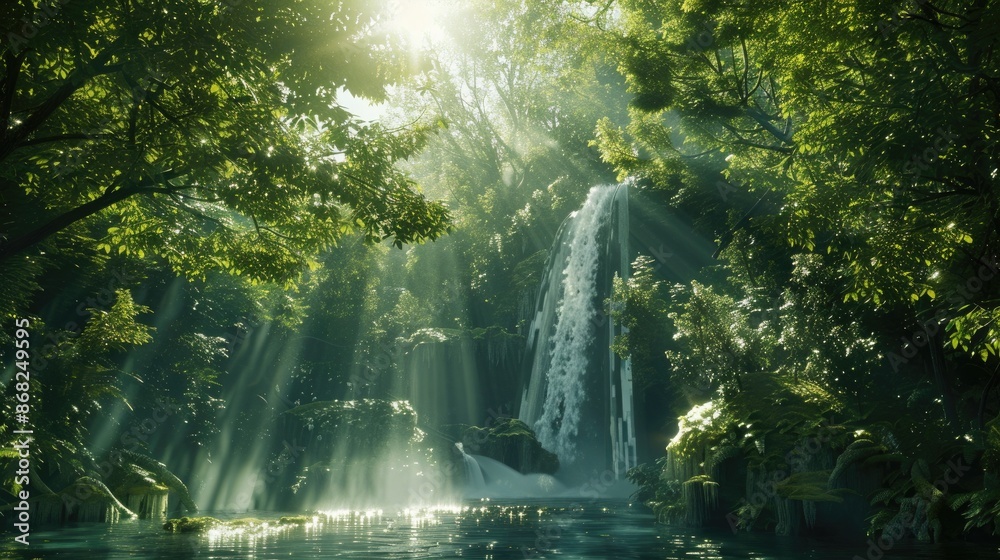 A waterfall in a dense forest, with sunlight filtering through the trees and illuminating the water A waterfall in a dense forest, with sunlight filtering through the trees and illuminating the water