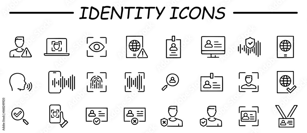 Set of icons related to identity and cyber security. Linear icon ...