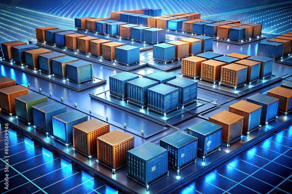 large array shipping containers systematically organized illuminated by blue lights modern digital interpretation container terminal large array shipping containers systematically organized illuminated by blue lights modern digital interpretation container terminal