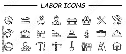 Set of line icons related to labor, construction, repair, labour day, renovation. Outline icon collection. Vector illustration.