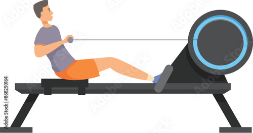 Man is working out, doing rowing exercises on a fitness machine