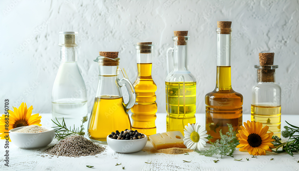 Vegetable fats. Different cooking oils in glass bottles and ingredients on white table Vegetable fats. Different cooking oils in glass bottles and ingredients on white table