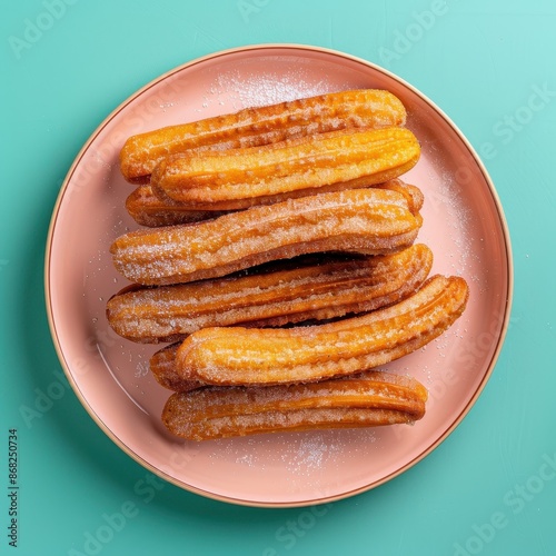 Close-up of a plate of freshly made churros dusted with sugar on a blue background. Spanish, Hispanic, sweet dessert, fried dough