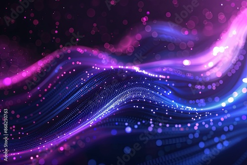 Abstract glowing waves of blue and purple particles on a dark background. Futuristic, technological, and dynamic digital art.