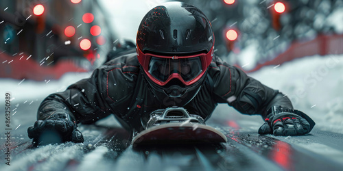 Street luge. Extreme street racing on a skateboard. photo