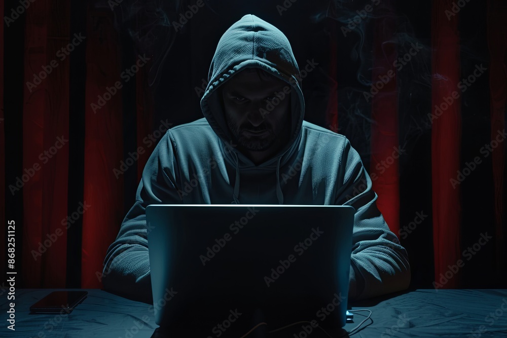 Hacker in hoodie using laptop in dark room with red light. Concepts. cyber security, cybercrime, data breach, hacking, online theft, dark web Hacker in hoodie using laptop in dark room with red light. Concepts. cyber security, cybercrime, data breach, hacking, online theft, dark web