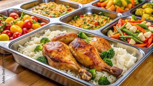 A neatly arranged and appetizing meal of roasted chicken, mixed vegetables, and steaming rice on a cafeteria tray awaits students.