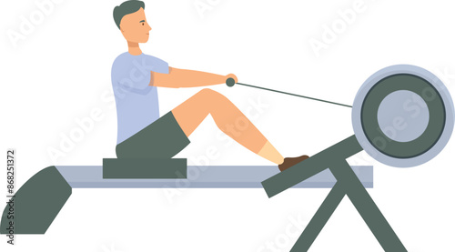 Man is working out on a rowing machine at the gym, improving his fitness and endurance