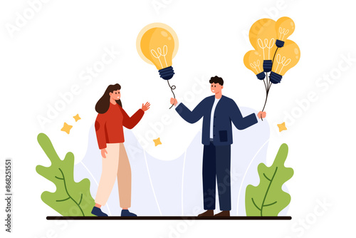 Support in solving business problems, share new smart idea and strategic solution. Tiny boss, leader or employee holding bunch of bright light bulbs to give colleague cartoon vector illustration