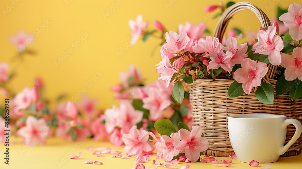 Pink Flowers in Wicker Basket With Teacup Pink Flowers in Wicker Basket With Teacup