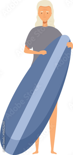 Elderly woman is holding a surfboard, promoting an active lifestyle for seniors