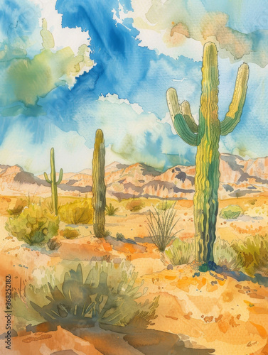 Vibrant Watercolor Sky Adorning an Expansive Desert Landscape - A breathtaking serene landscape of a vast desert under a vibrant watercolor sky. Towering cacti stand like silent sentinels amidst sculp photo