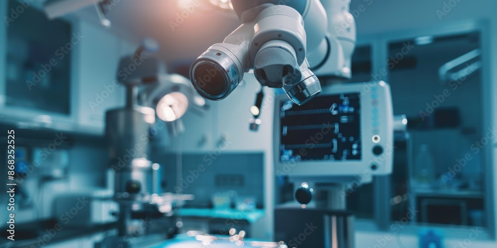 Close-up view of a surgical robot in a modern operating room. Concept Medical Technology, Surgical Equipment, Advanced Setup, Robotic Surgery System, Close-up Shot Close-up view of a surgical robot in a modern operating room. Concept Medical Technology, Surgical Equipment, Advanced Setup, Robotic Surgery System, Close-up Shot