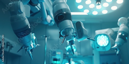 Close-up view of a surgical robot in a modern operating room. Concept Medical Technology, Surgical Equipment, Advanced Setup, Robotic Surgery System, Close-up Shot