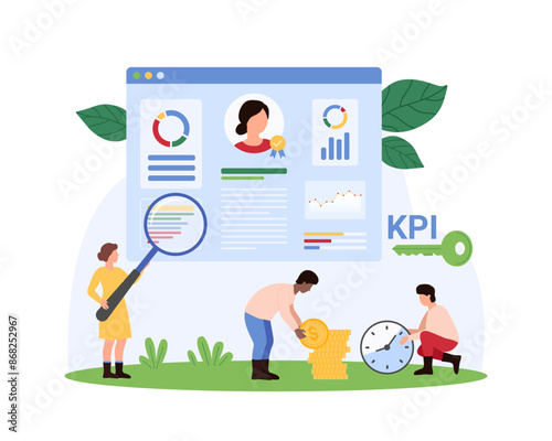 KPI of employee evaluation, key performance indicator analysis for optimization of remuneration. Tiny people with magnifying glass test data report on dashboard profile cartoon vector illustration